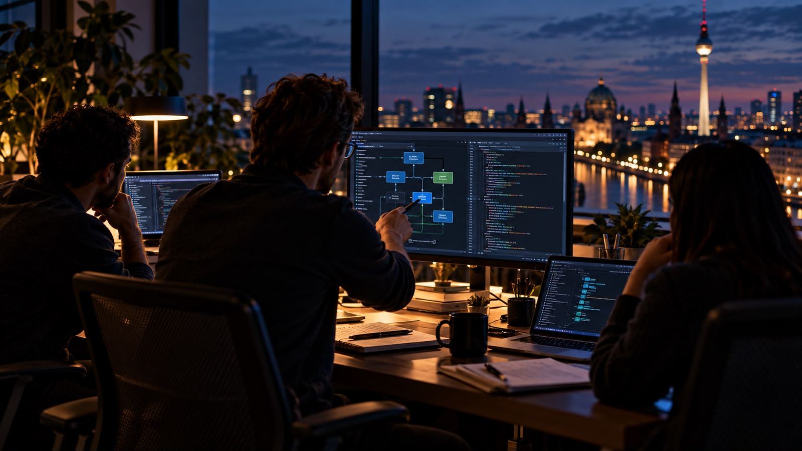 Engineers at a desk discussing an architecture diagram on a monitor, city skyline at dusk