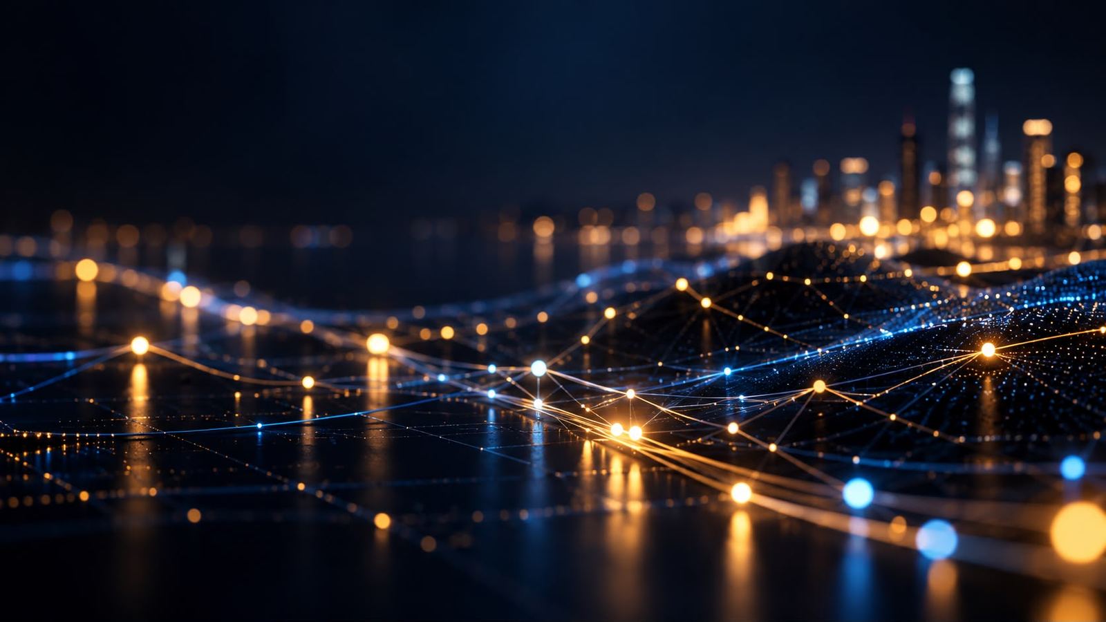Abstract network of light trails over a city skyline at night