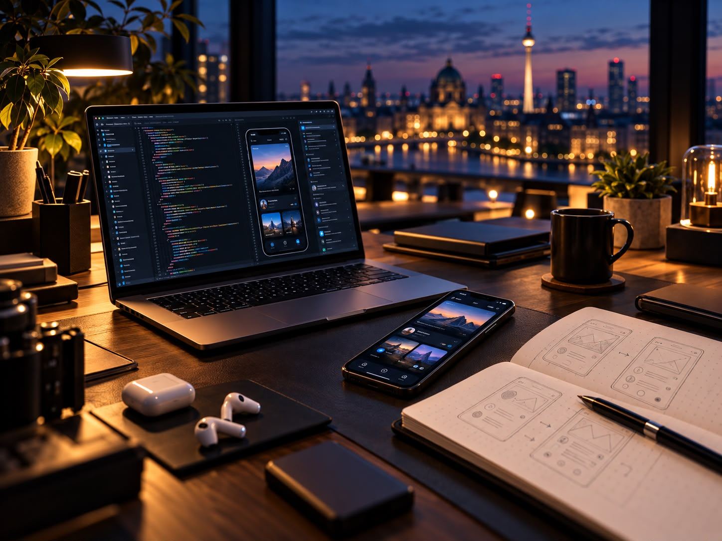 Laptop with code and an app preview next to an iPhone and app sketches, Berlin TV tower in the background