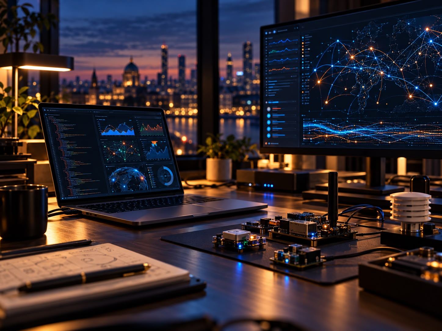 Desk with telemetry dashboards, circuit boards and a small sensor, city lights at dusk behind