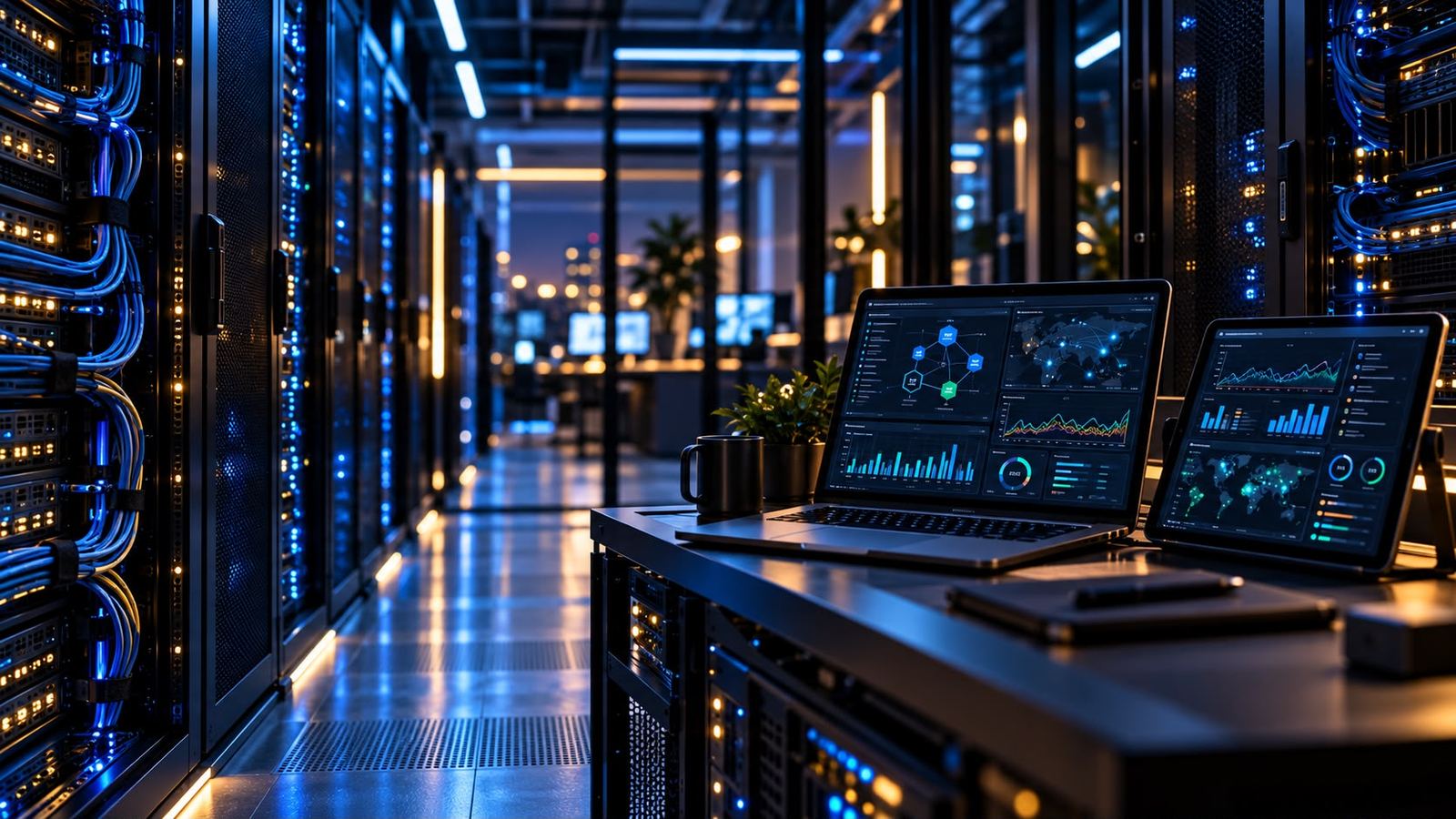 Laptops showing monitoring dashboards on a desk in a server room
