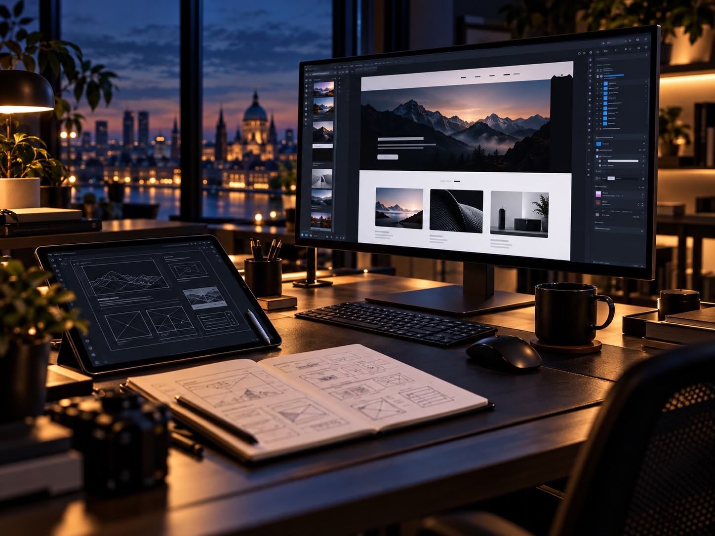 Desk with a website design on the monitor and wireframe sketches in a notebook